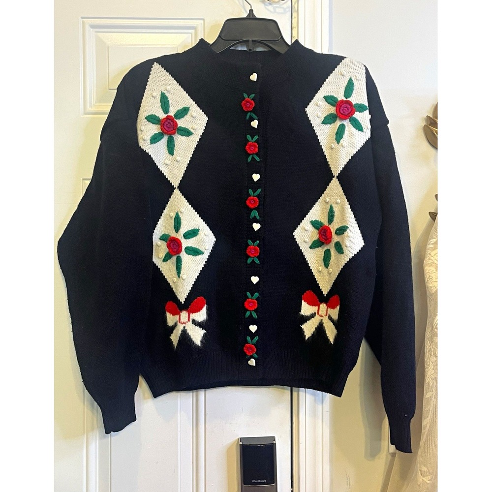 Vintage 80s 90s Dark Academia Sweater Ashleigh Morgan Black White Knit Cardigan